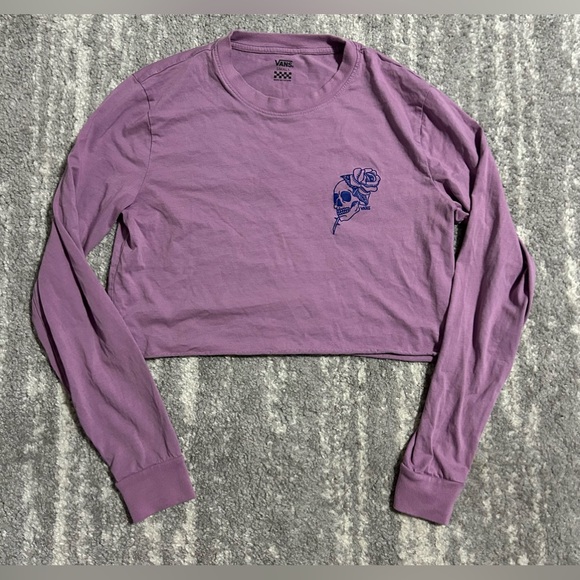 Vans Womens Crop Top Long Sleeve Tshirt Sz S Purple Skulls Roses Graphic Skater - Picture 2 of 6